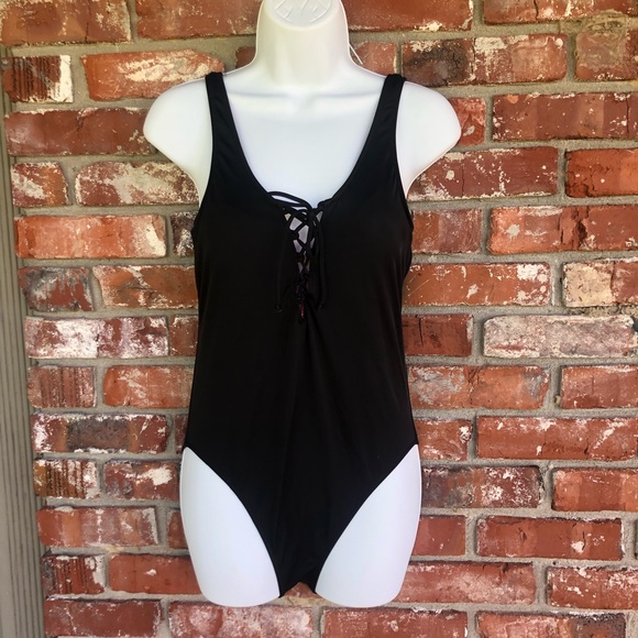 PINK by Victoria Secret black lace front one piece swimsuit size medium - Picture 2 of 6